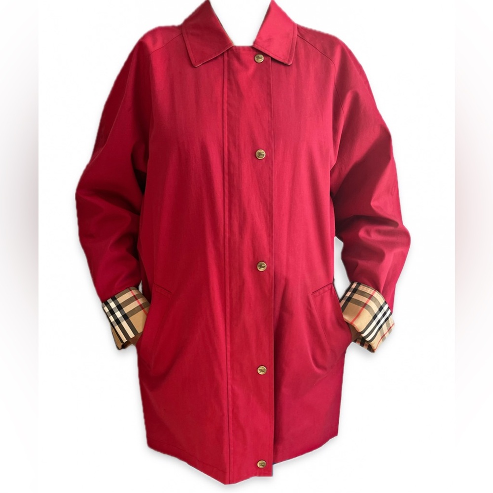 Vintage Burberry's of London Red Trench Coat Nova Check Cuffs Medium OVERSIZED